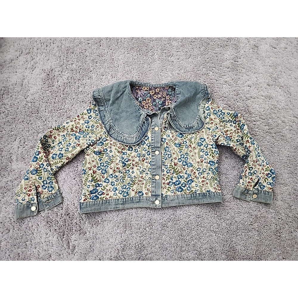 Shein Floral Tapestry Jacket Womens 2XL Blue White Peter Pan Collar Denim Trim